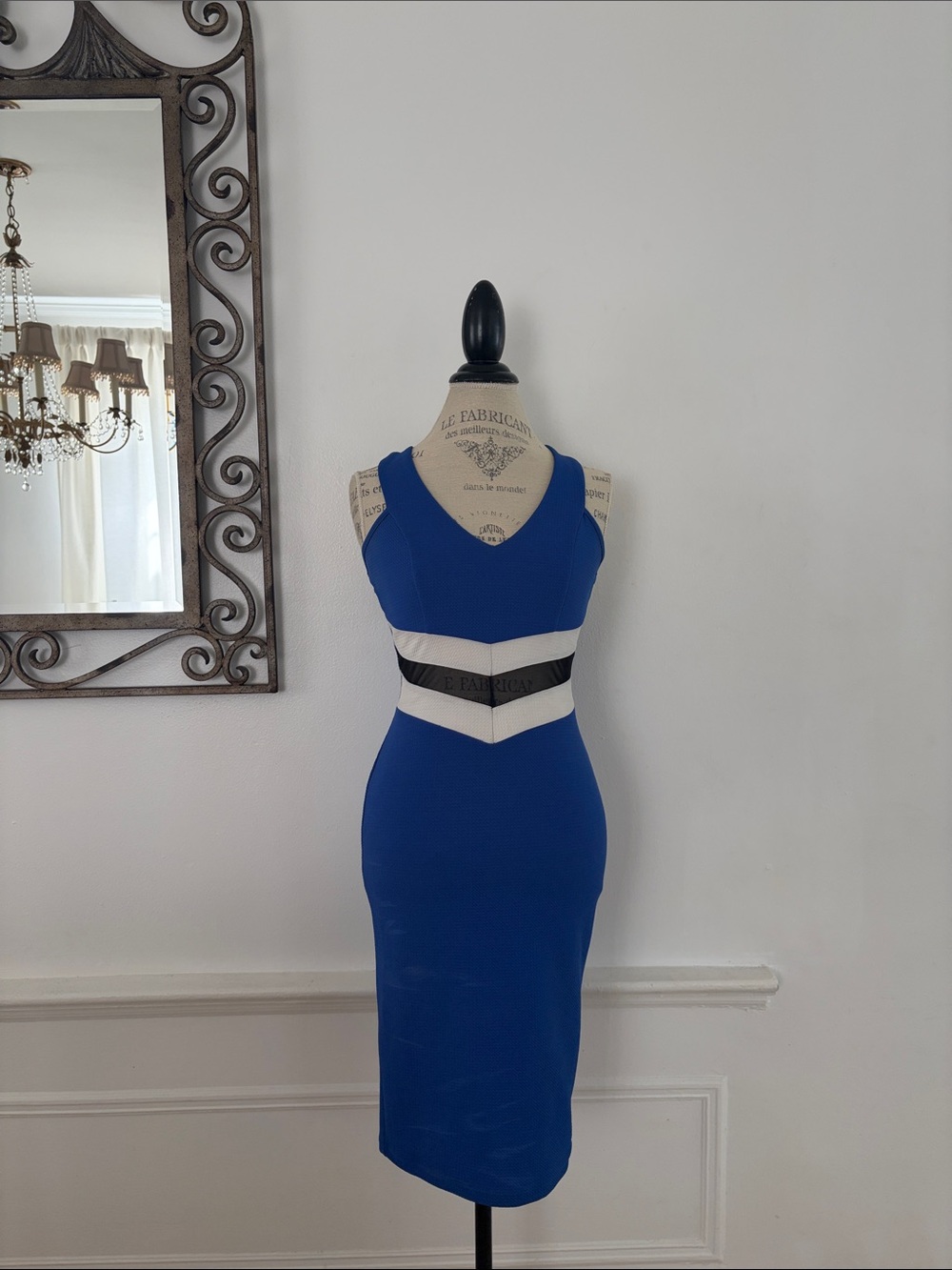 Sleek Cobalt Midi Dress with Contrast Chevron Waist